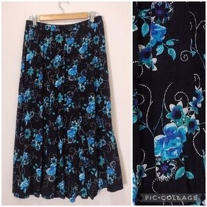 Liz Baker Petite Dark Floral Print Whimsigoth A-Line Midi Skirt Black Blue LP